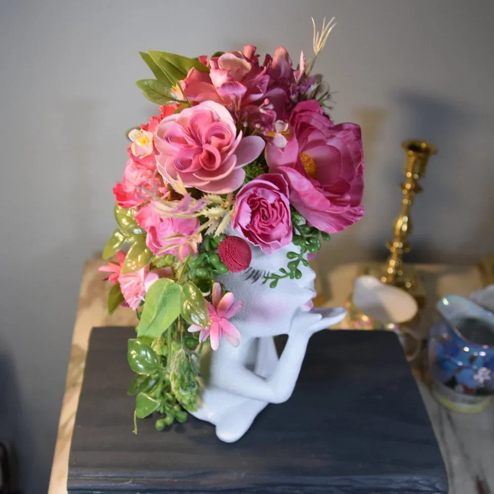 Bright cheerful and fun! Girl blowing kisses planter/vase w/Sola wood flowers